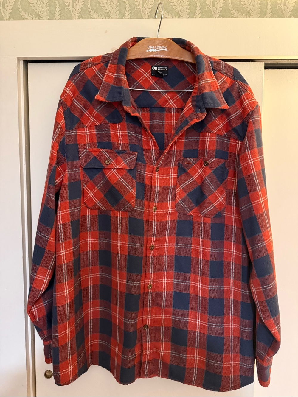 Outdoor Research Red and Navy Plaid Button-Down Shirt